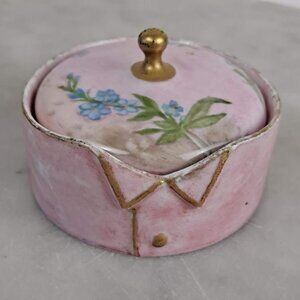 R S Germany Round Pink Blue Floral Button Trinket Box Hand Painted Vintage